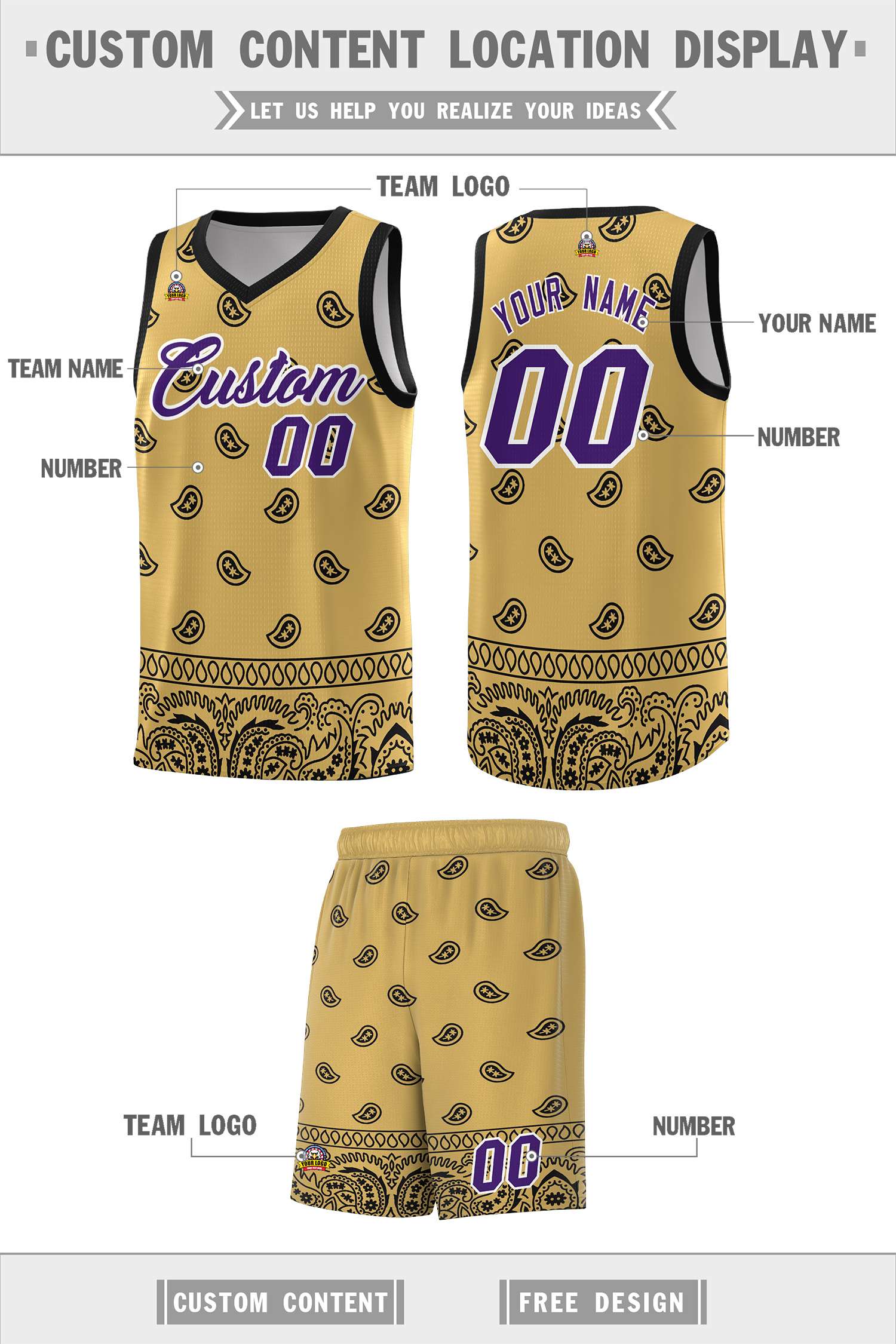 Custom Old Gold Black Personalized Cashew Pattern Sports Uniform Basketball Jersey