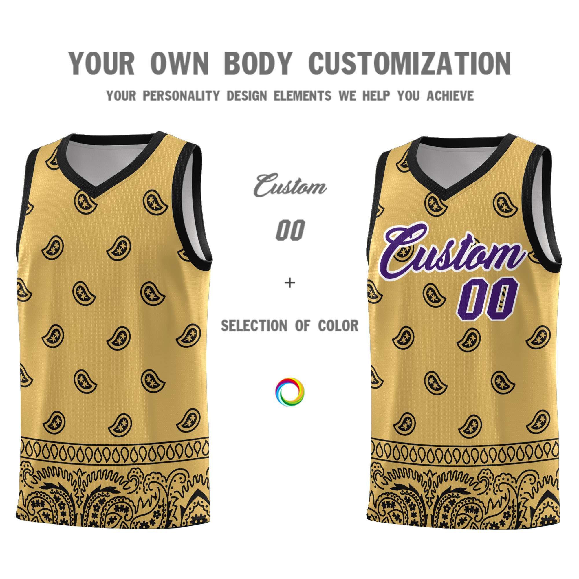 Custom Old Gold Black Personalized Cashew Pattern Sports Uniform Basketball Jersey