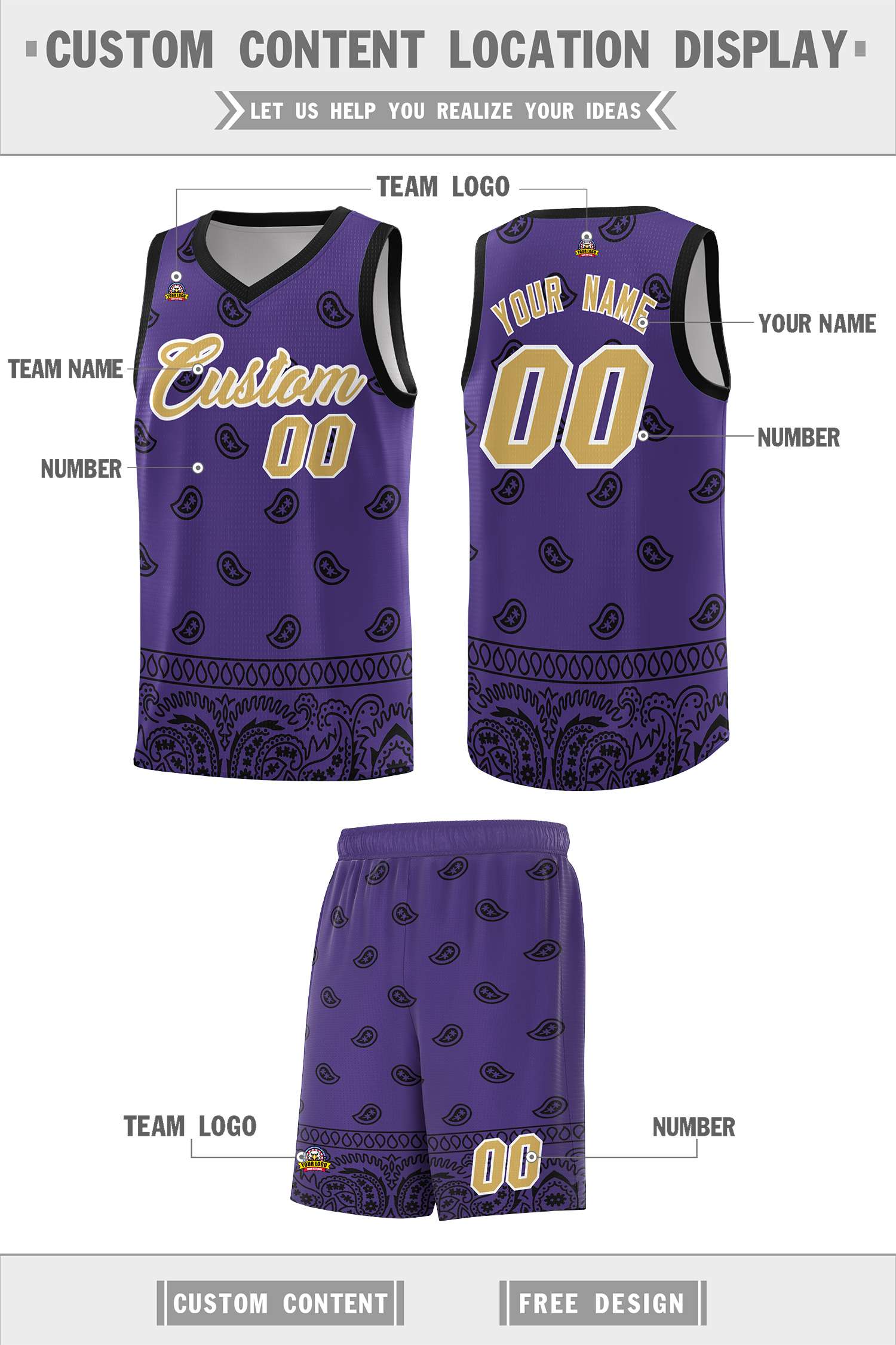 Custom Purple Black Personalized Cashew Pattern Sports Uniform Basketball Jersey