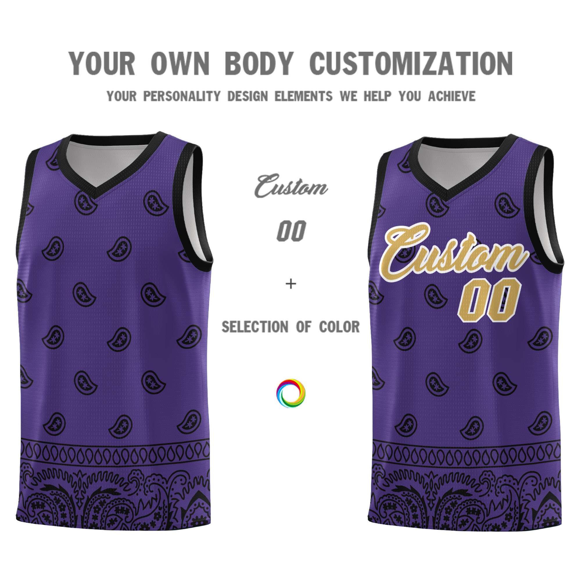 Custom Purple Black Personalized Cashew Pattern Sports Uniform Basketball Jersey