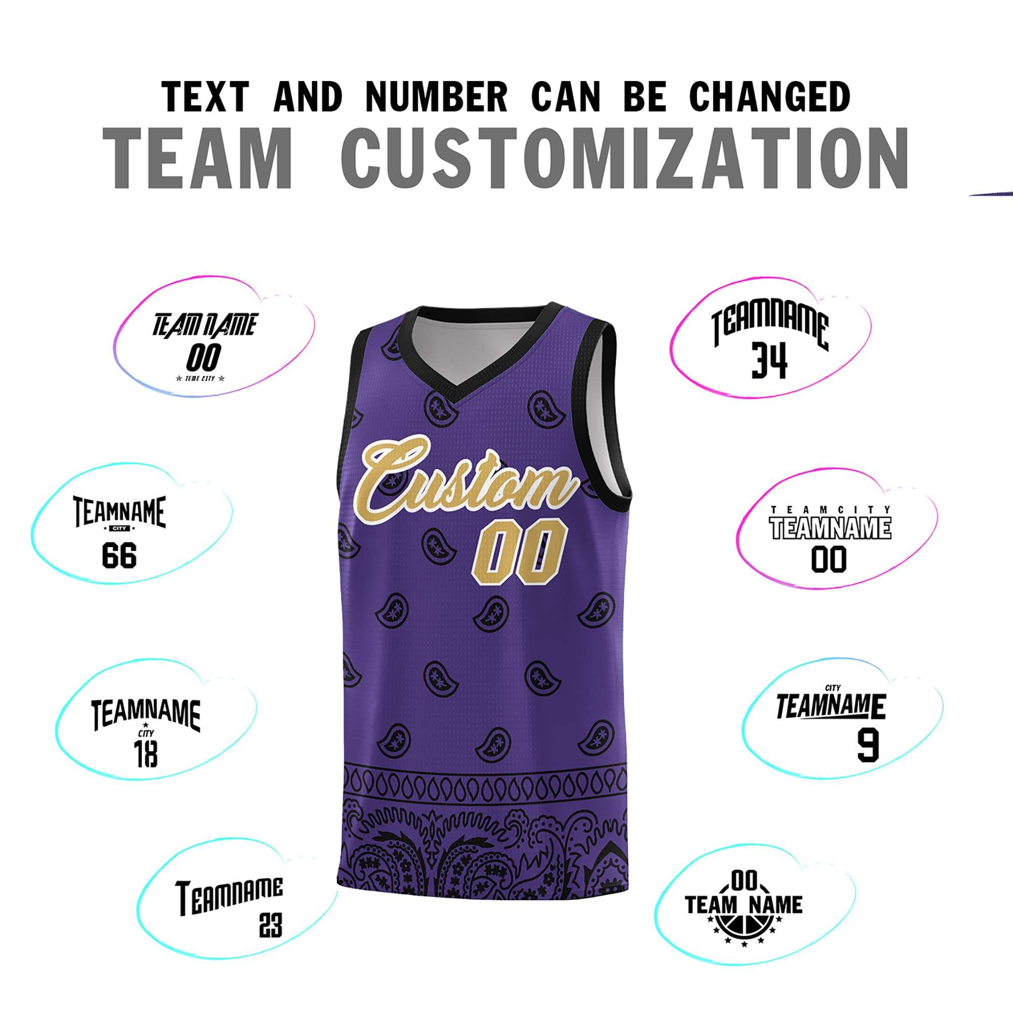 Custom Purple Black Personalized Cashew Pattern Sports Uniform Basketball Jersey