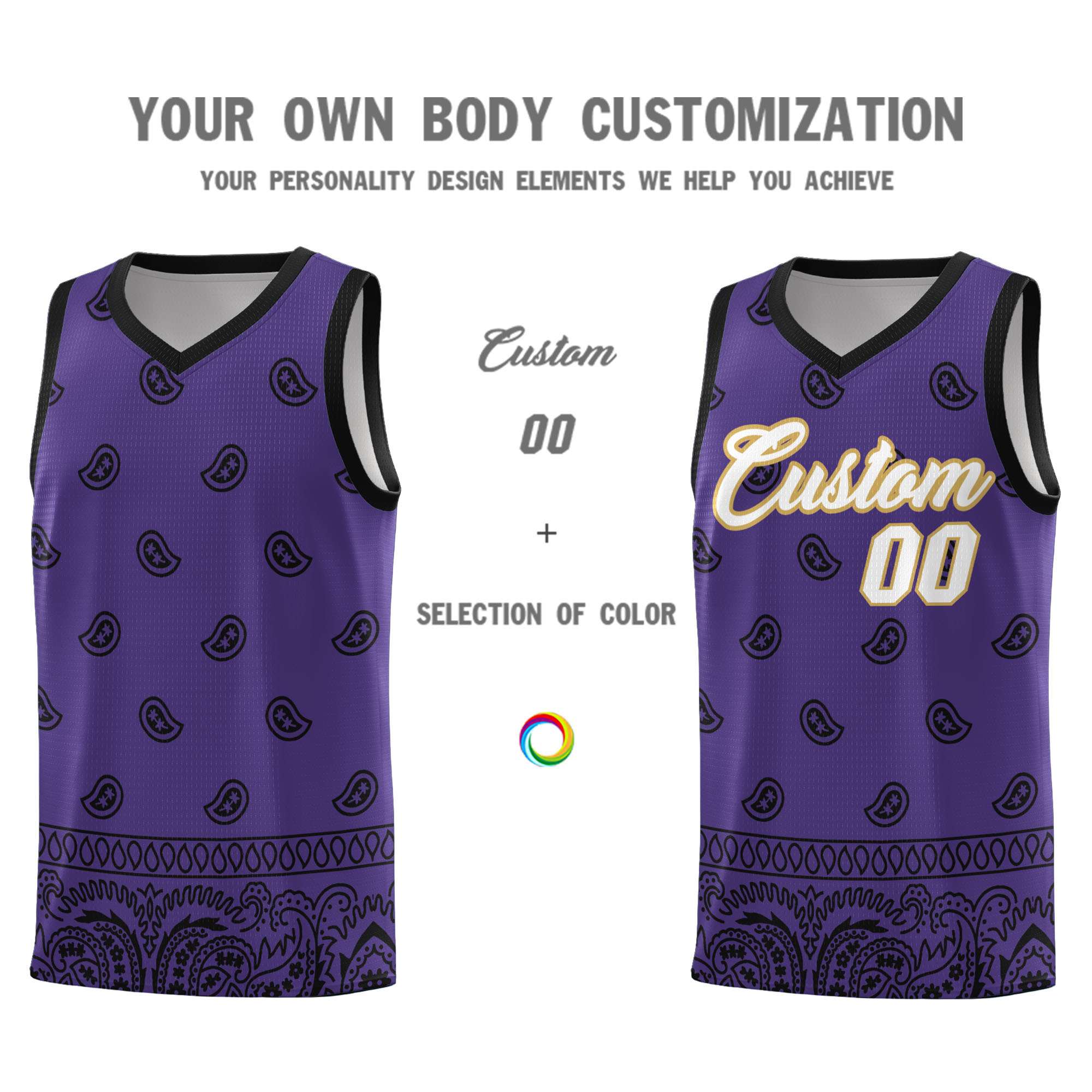 Custom Purple Black Personalized Cashew Pattern Sports Uniform Basketball Jersey