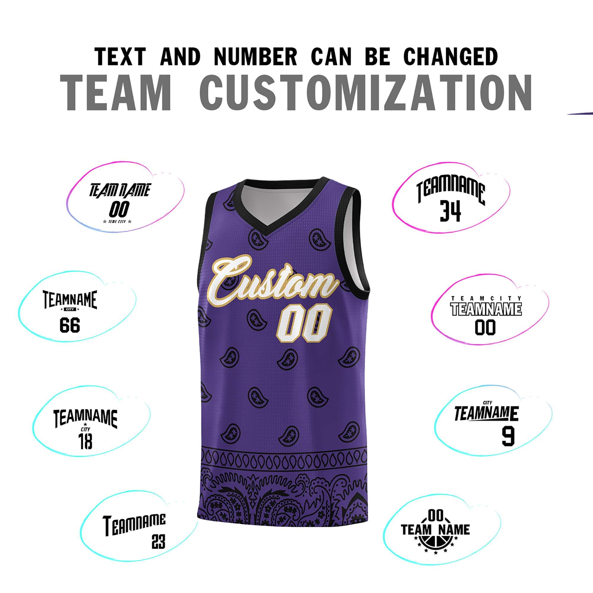 Custom Purple Black Personalized Cashew Pattern Sports Uniform Basketball Jersey