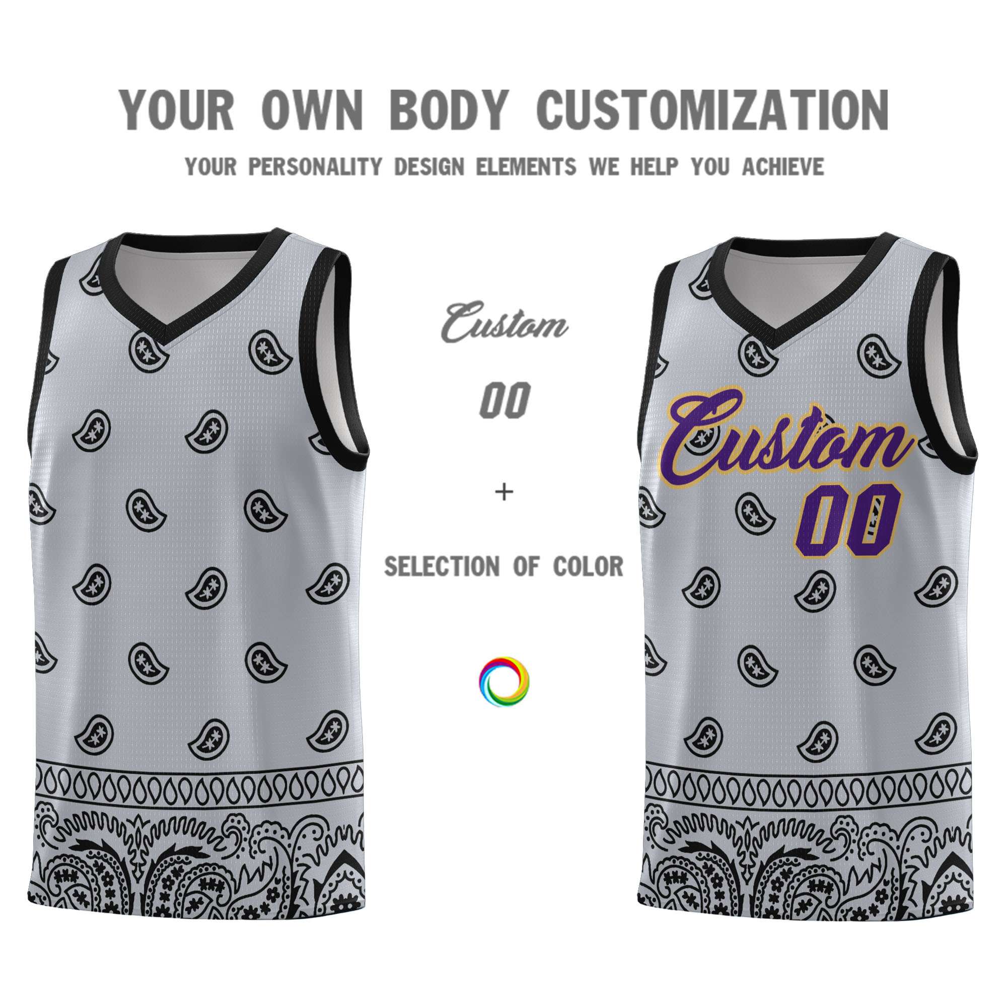 Custom Gray Black Personalized Cashew Pattern Sports Uniform Basketball Jersey