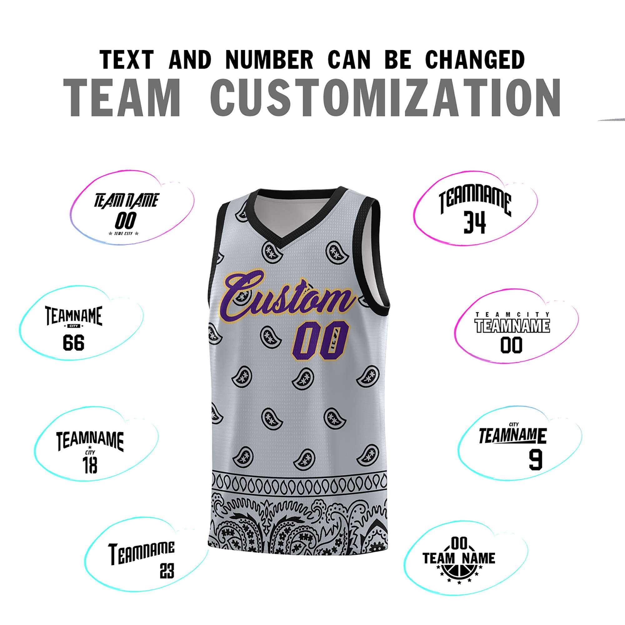 Custom Gray Black Personalized Cashew Pattern Sports Uniform Basketball Jersey