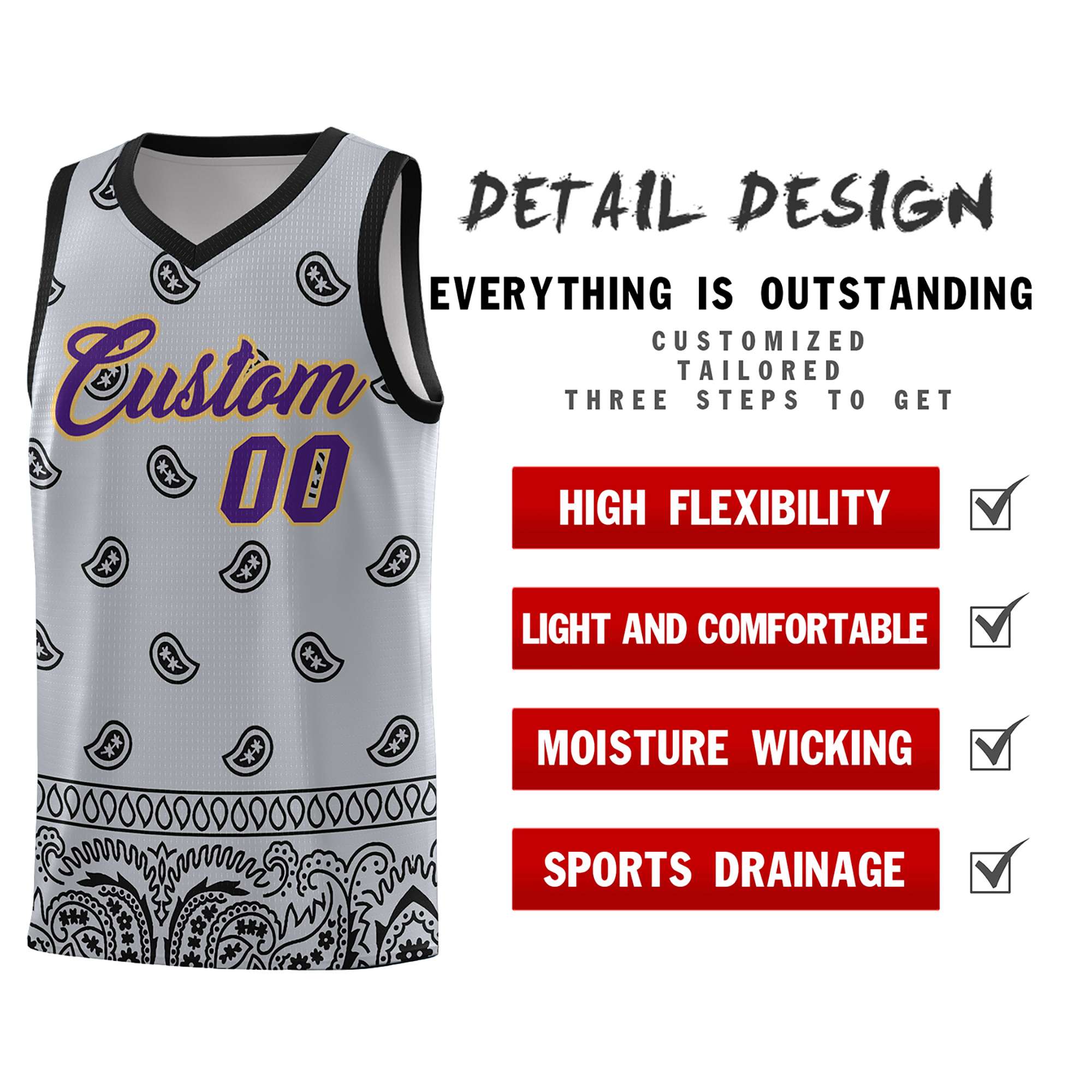 Custom Gray Black Personalized Cashew Pattern Sports Uniform Basketball Jersey