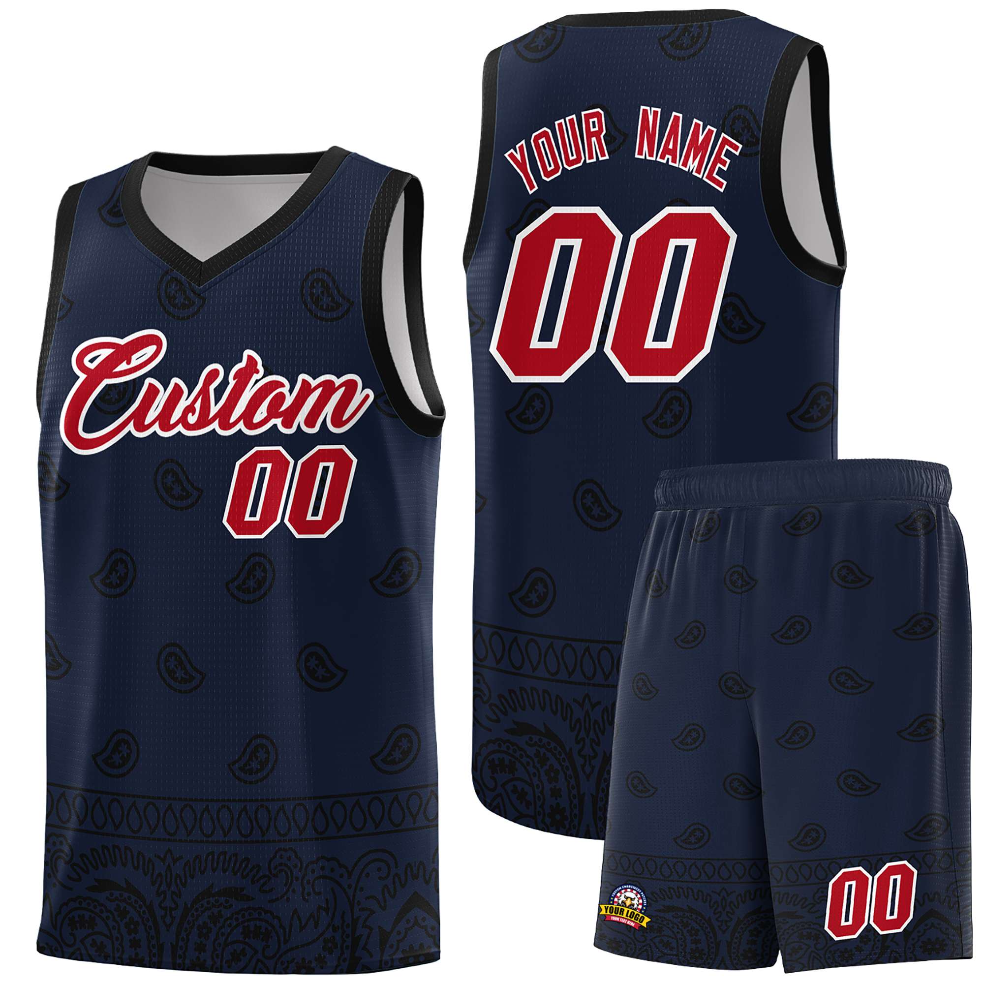 Custom Navy Black Personalized Cashew Pattern Sports Uniform Basketball Jersey