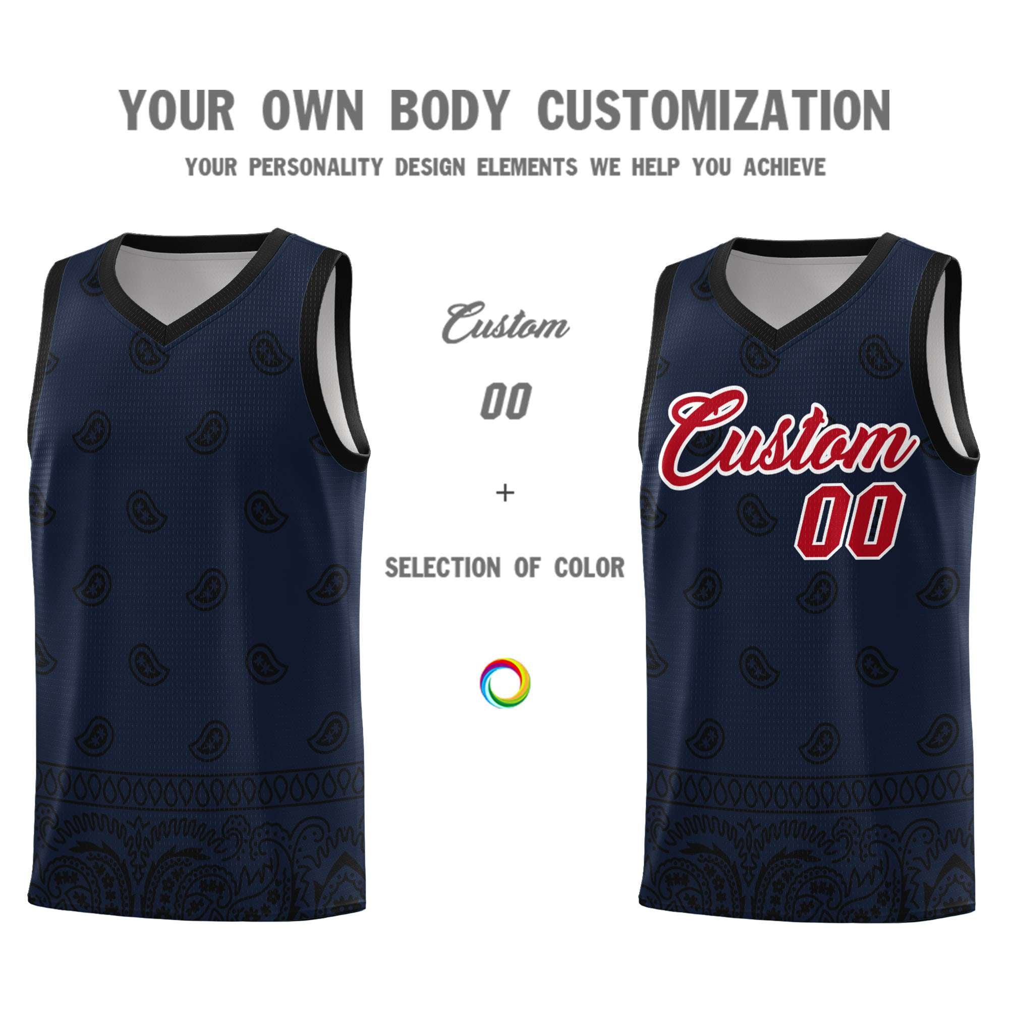 Custom Navy Black Personalized Cashew Pattern Sports Uniform Basketball Jersey