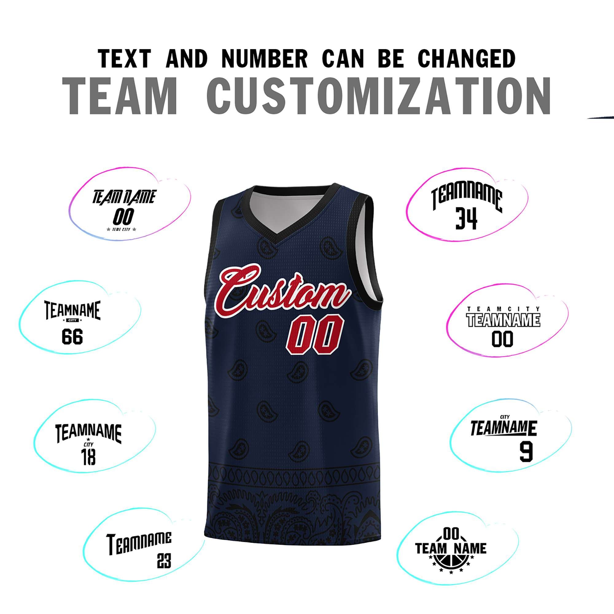 Custom Navy Black Personalized Cashew Pattern Sports Uniform Basketball Jersey