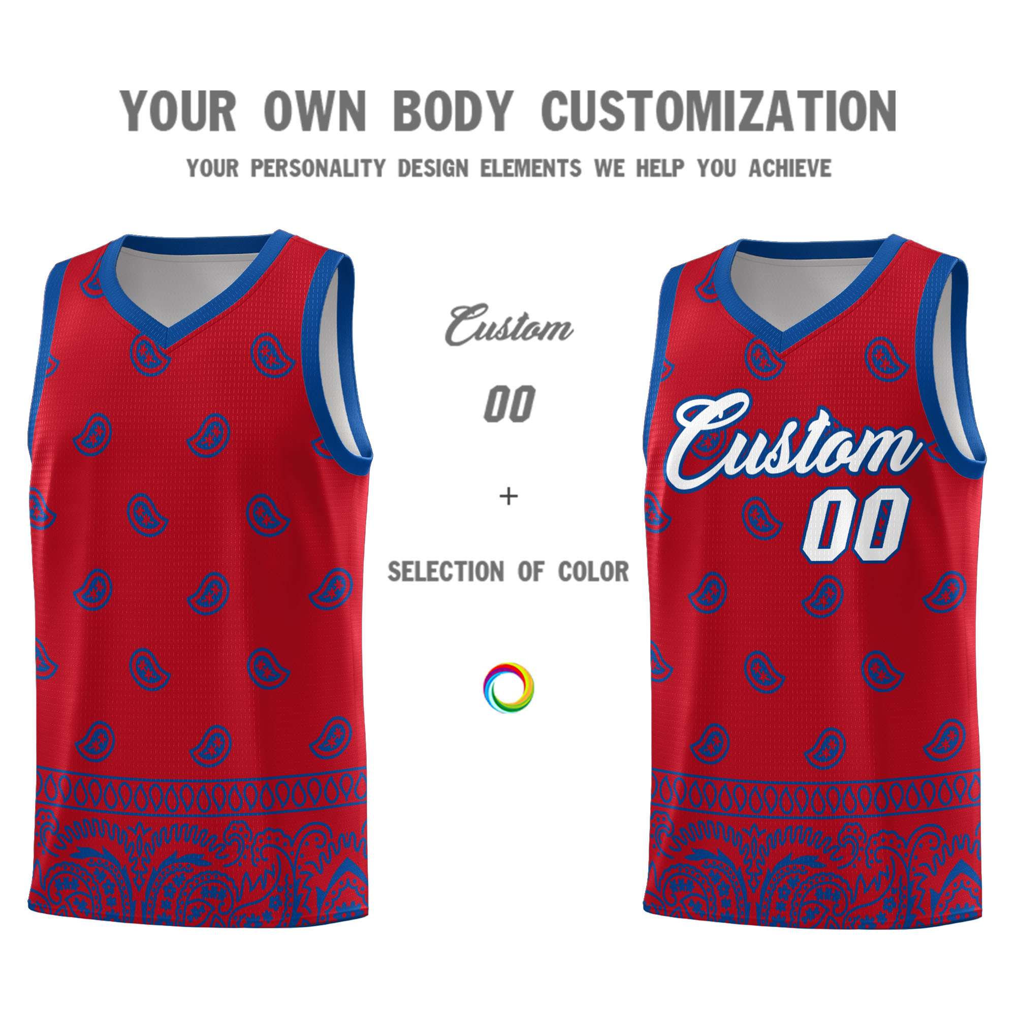 Custom Red Royal Personalized Cashew Pattern Sports Uniform Basketball Jersey