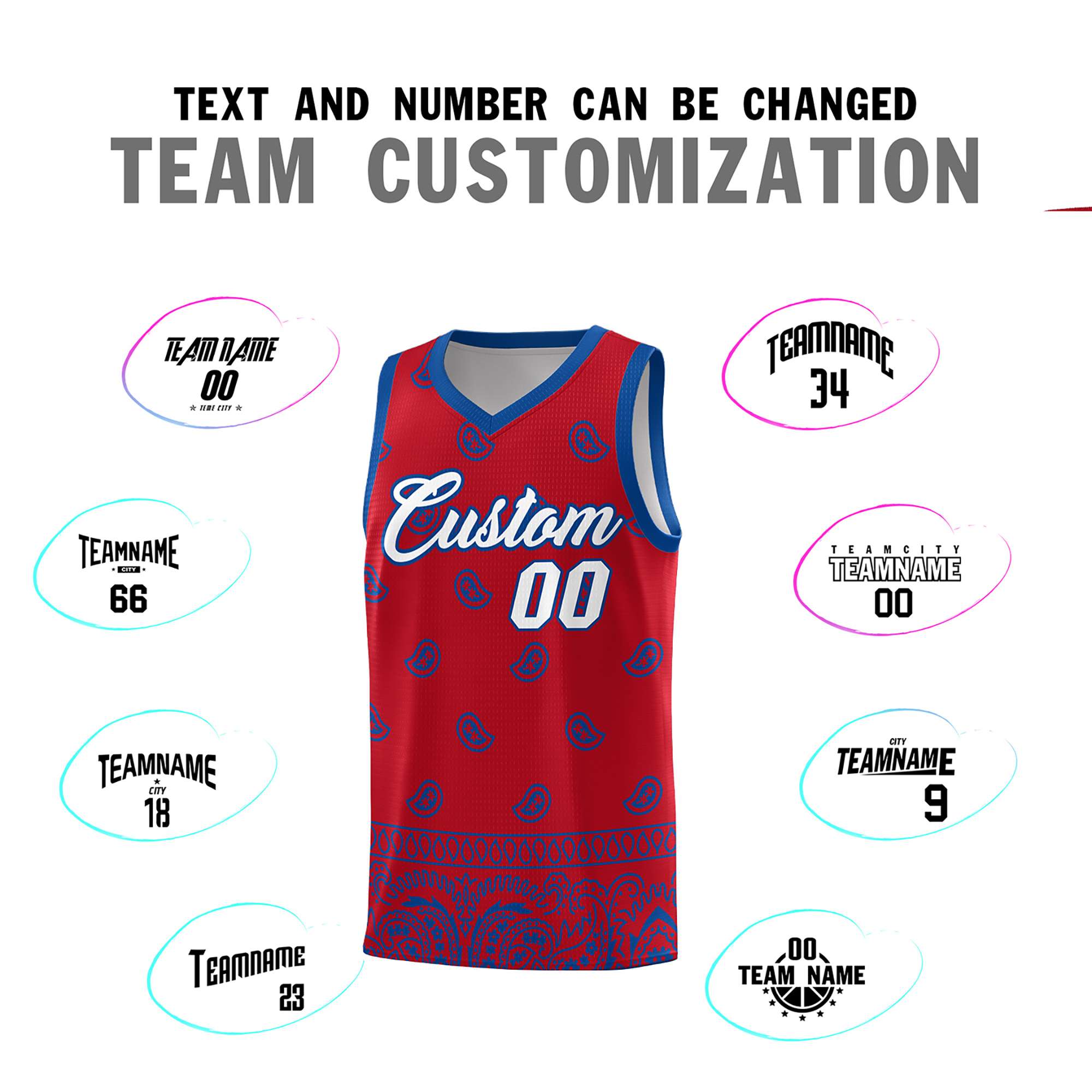 Custom Red Royal Personalized Cashew Pattern Sports Uniform Basketball Jersey