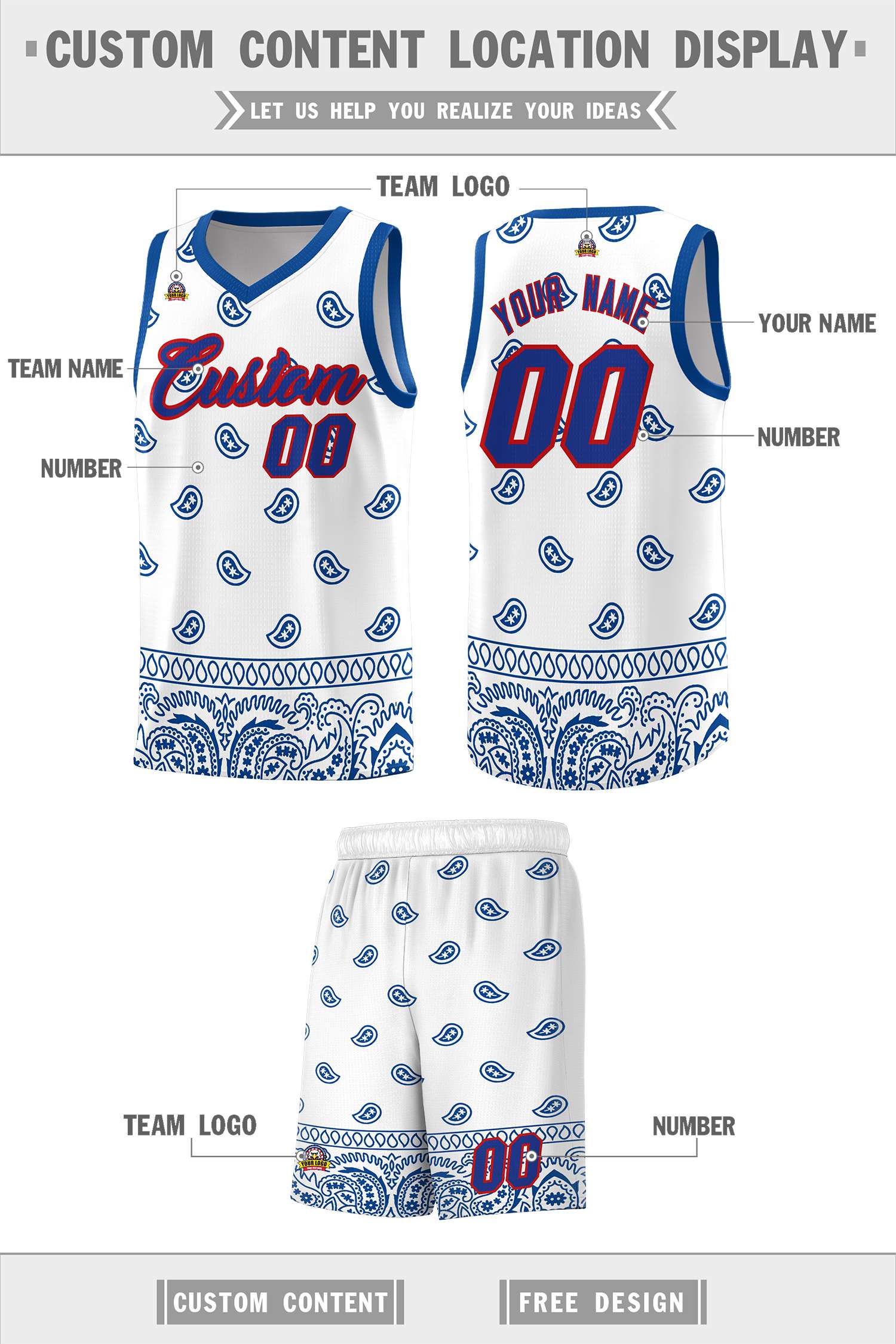 Custom White Royal Personalized Cashew Pattern Sports Uniform Basketball Jersey