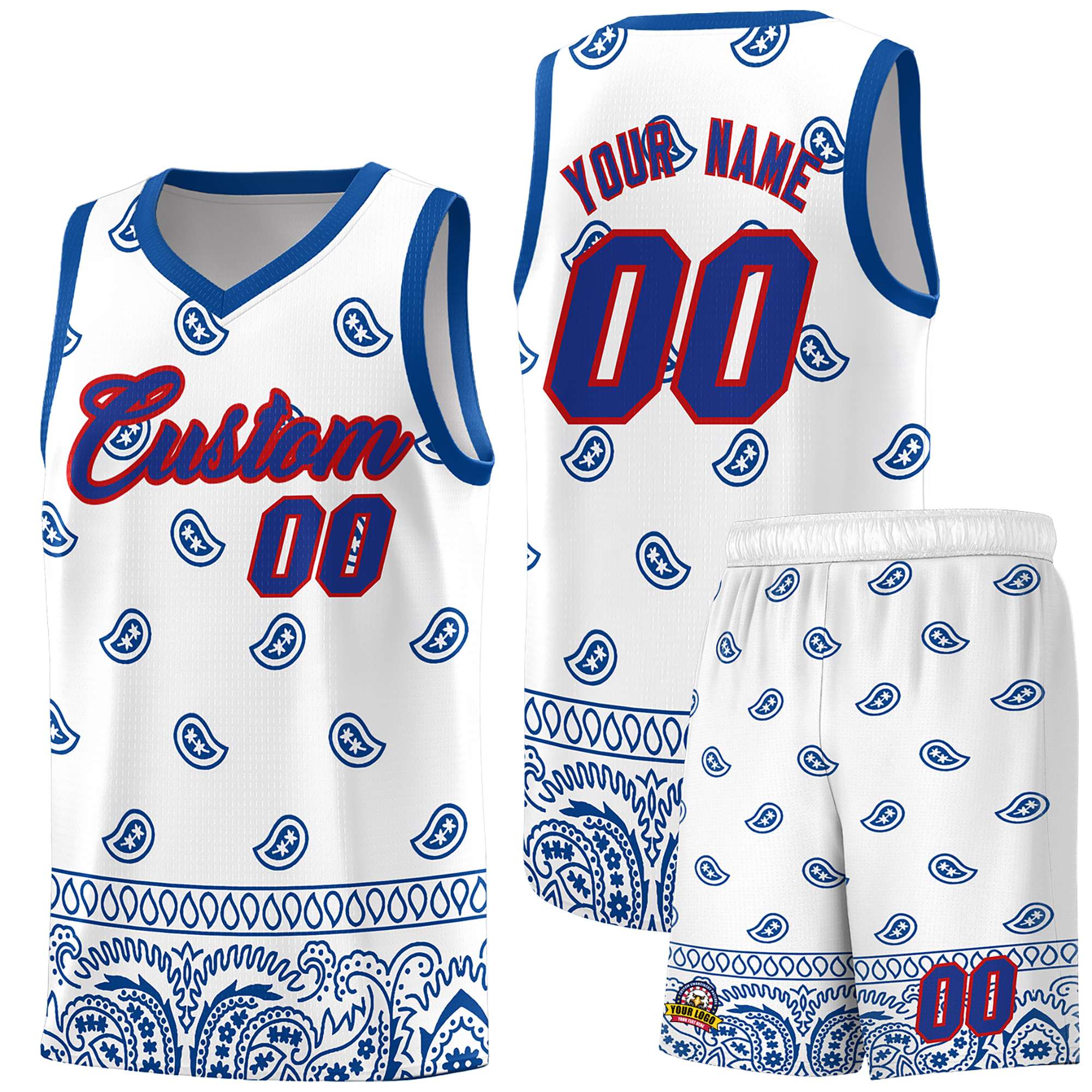 Custom White Royal Personalized Cashew Pattern Sports Uniform Basketball Jersey