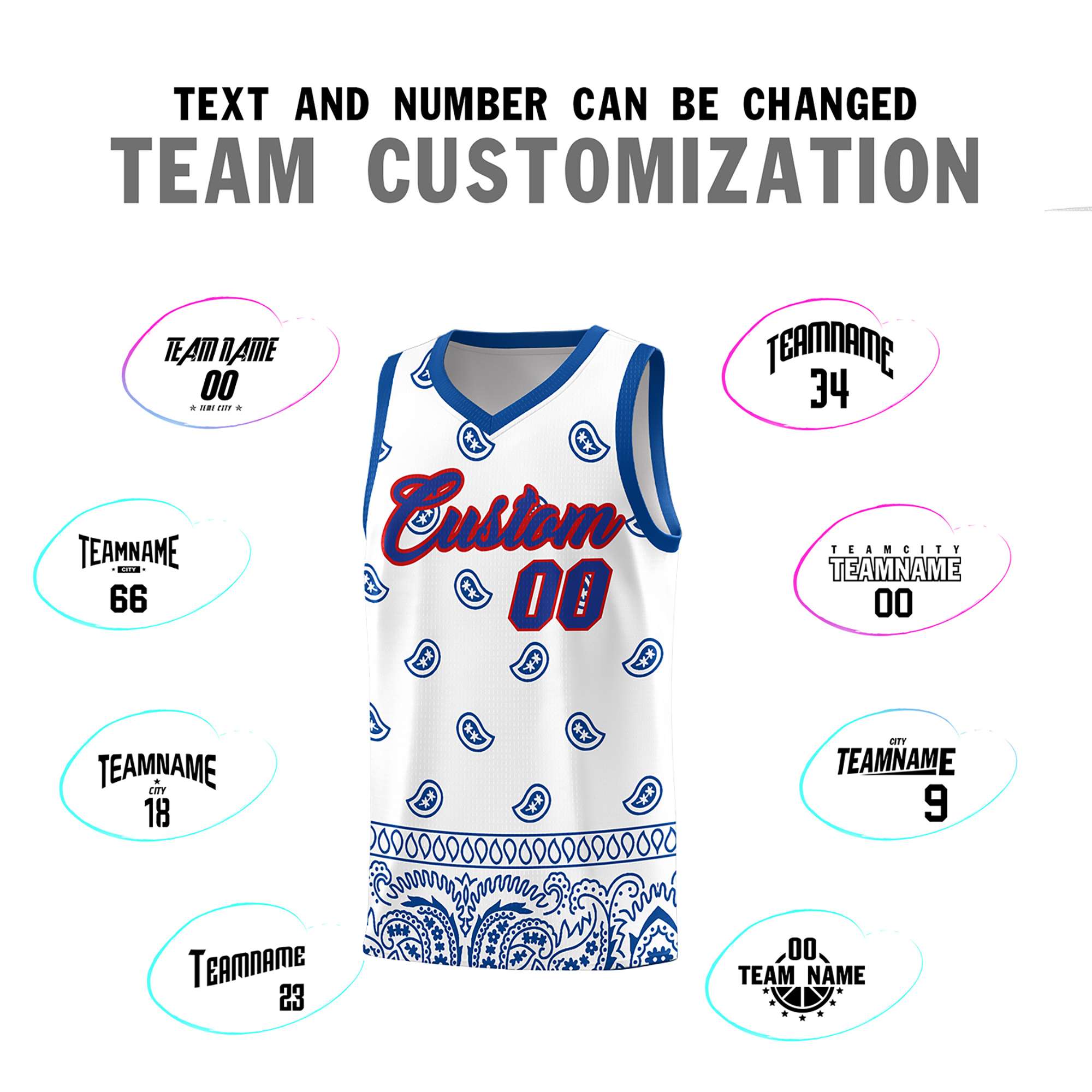 Custom White Royal Personalized Cashew Pattern Sports Uniform Basketball Jersey