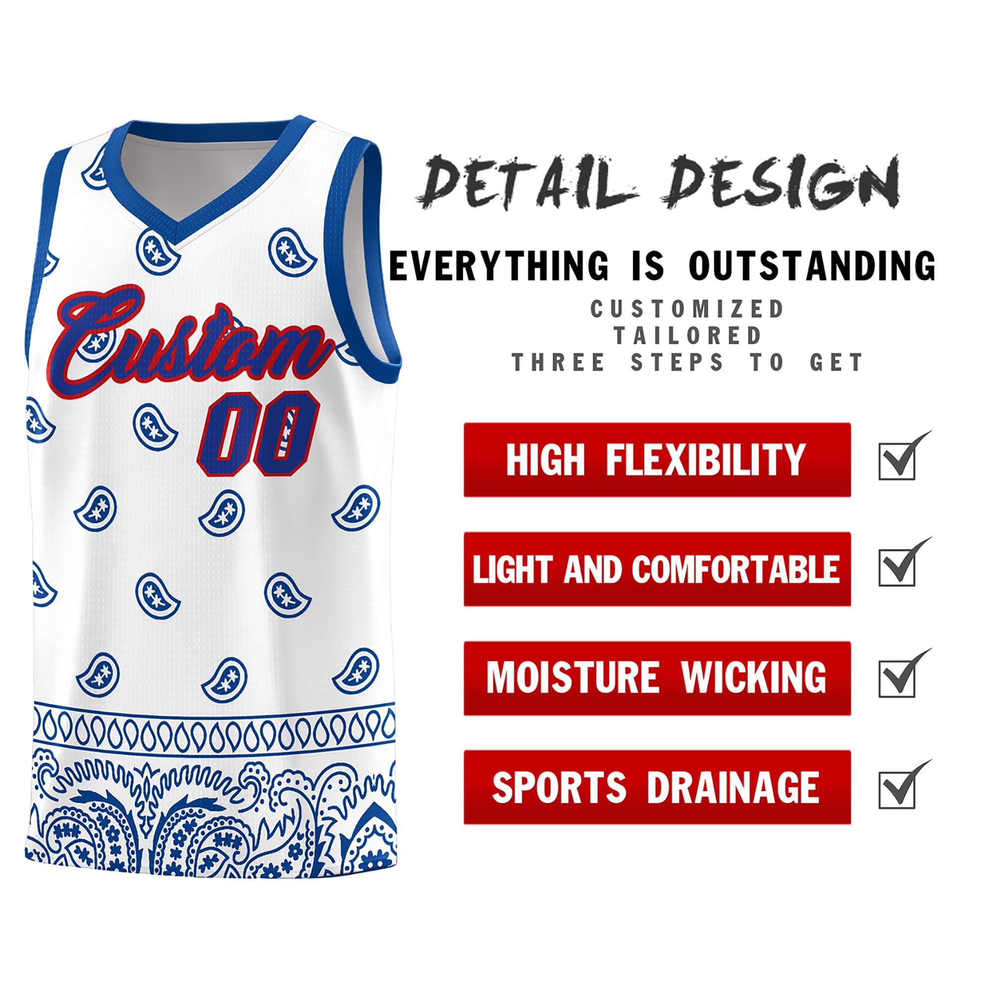 Custom White Royal Personalized Cashew Pattern Sports Uniform Basketball Jersey