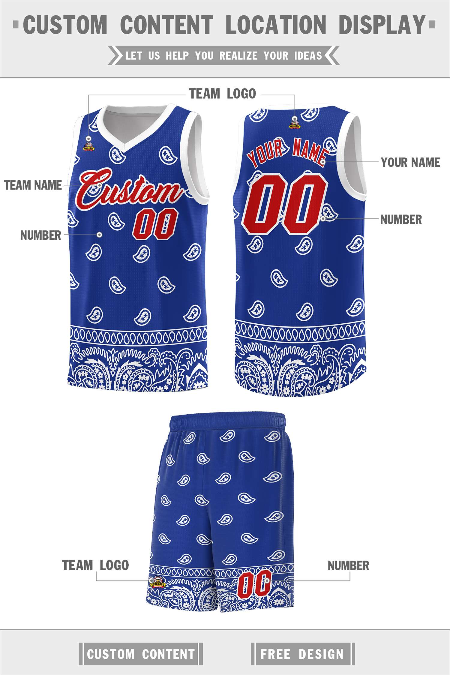 Custom Royal White Personalized Cashew Pattern Sports Uniform Basketball Jersey