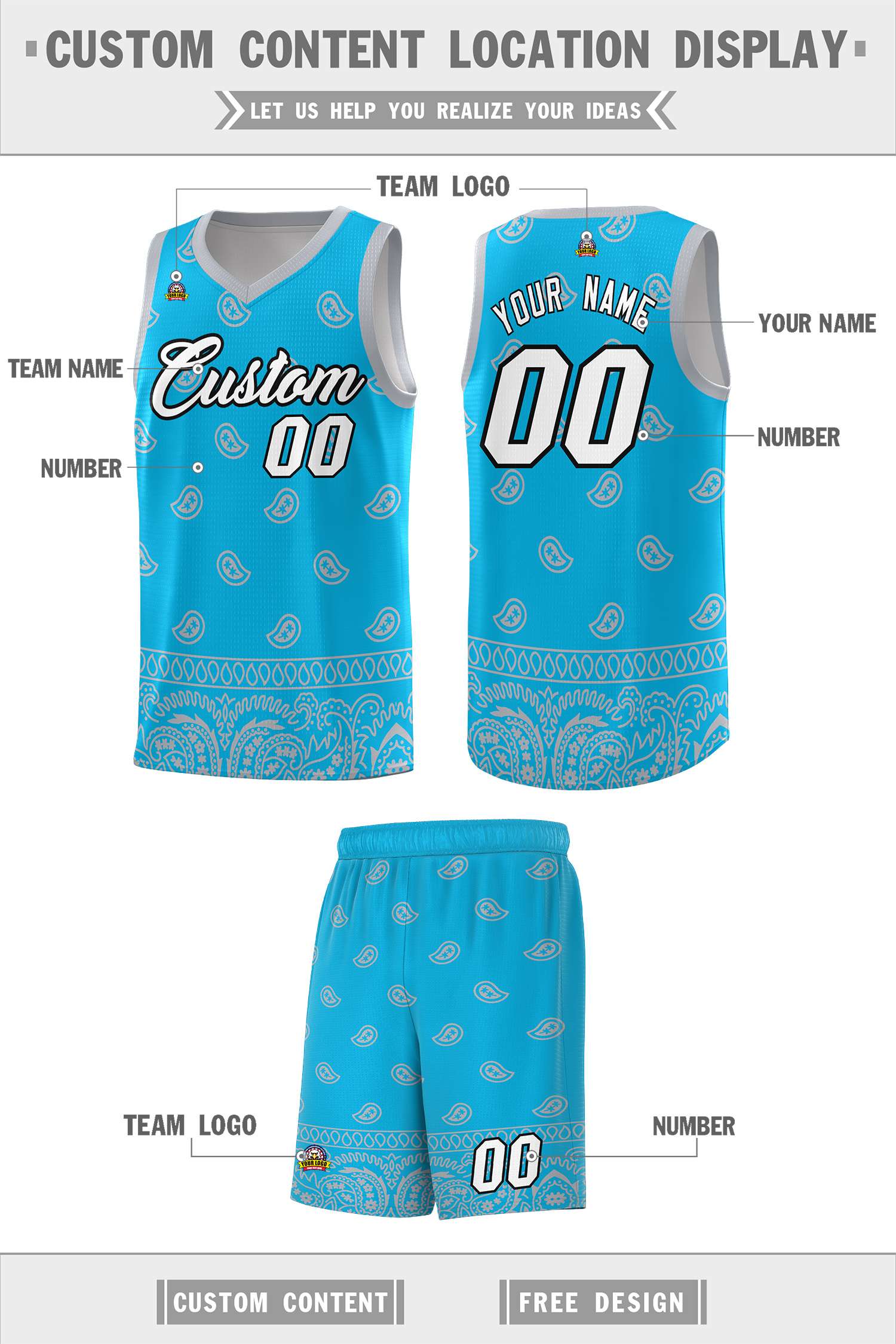 Custom Sky Blue Gray Personalized Cashew Pattern Sports Uniform Basketball Jersey