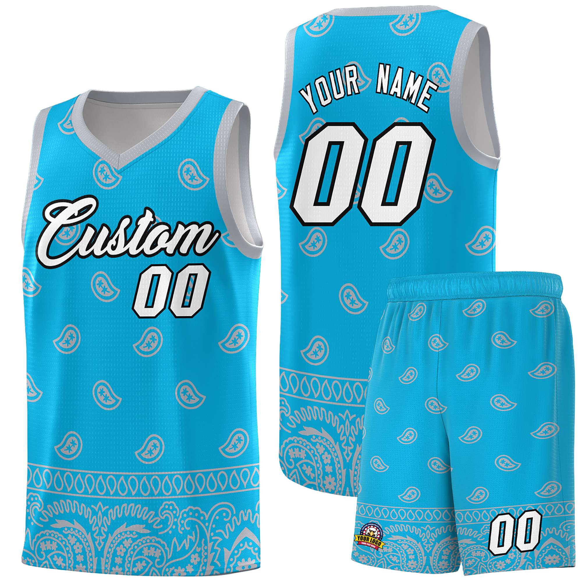 Custom Sky Blue Gray Personalized Cashew Pattern Sports Uniform Basketball Jersey