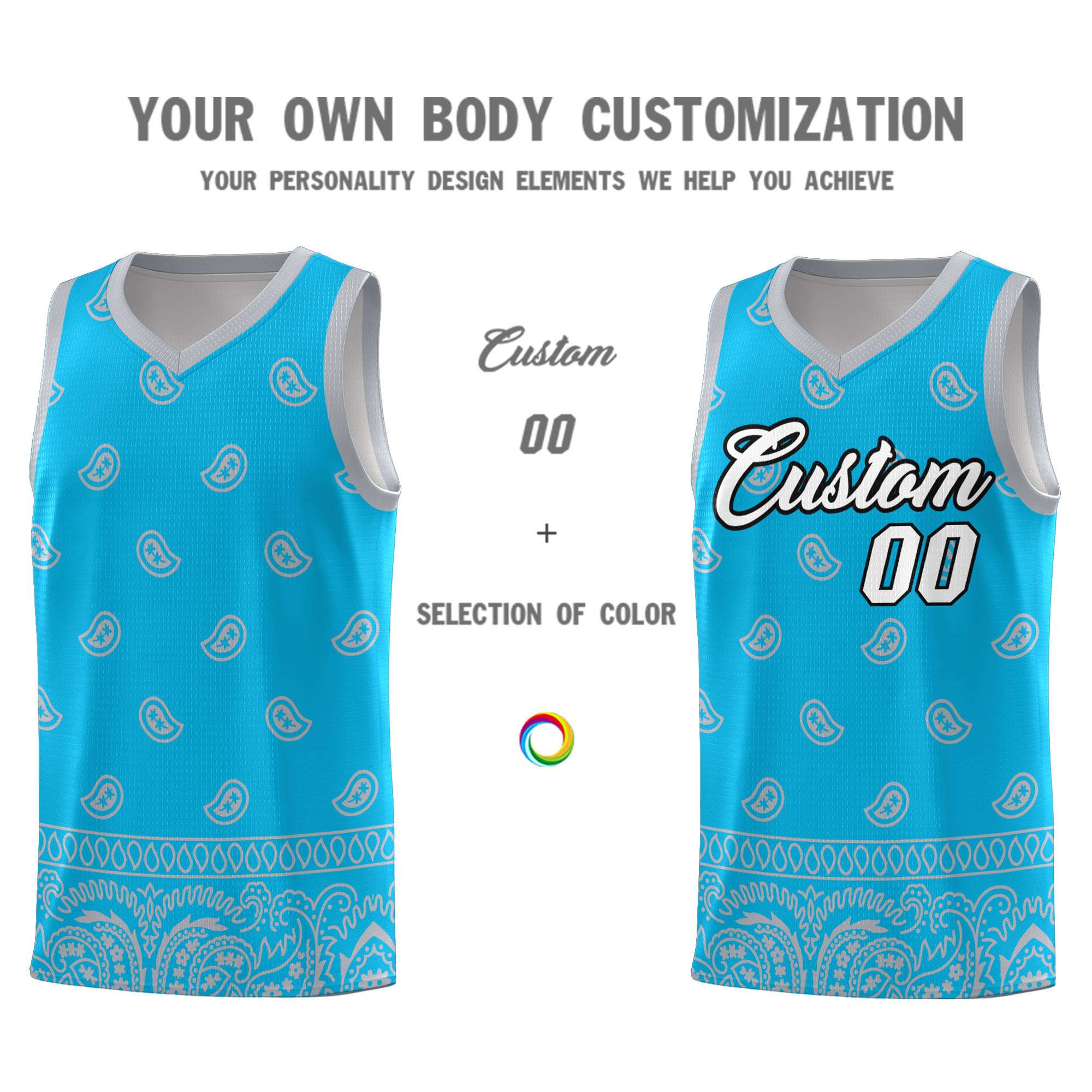 Custom Sky Blue Gray Personalized Cashew Pattern Sports Uniform Basketball Jersey