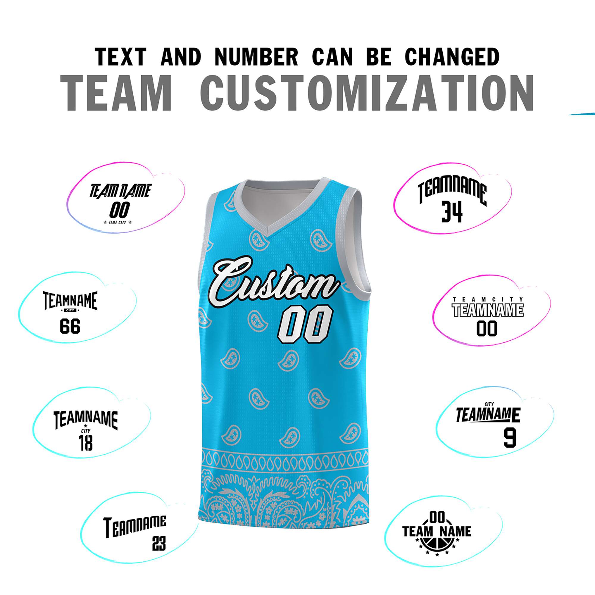 Custom Sky Blue Gray Personalized Cashew Pattern Sports Uniform Basketball Jersey