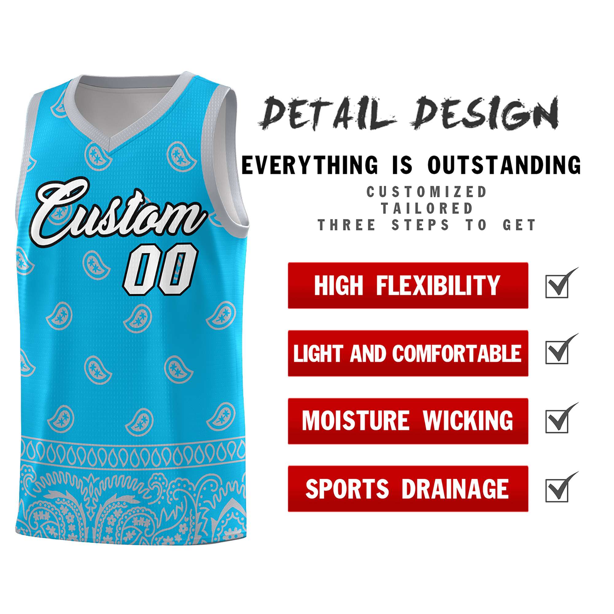 Custom Sky Blue Gray Personalized Cashew Pattern Sports Uniform Basketball Jersey