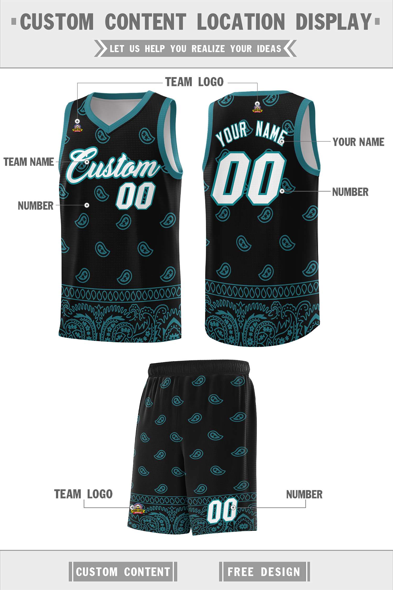 Custom Black Aqua Personalized Cashew Pattern Sports Uniform Basketball Jersey