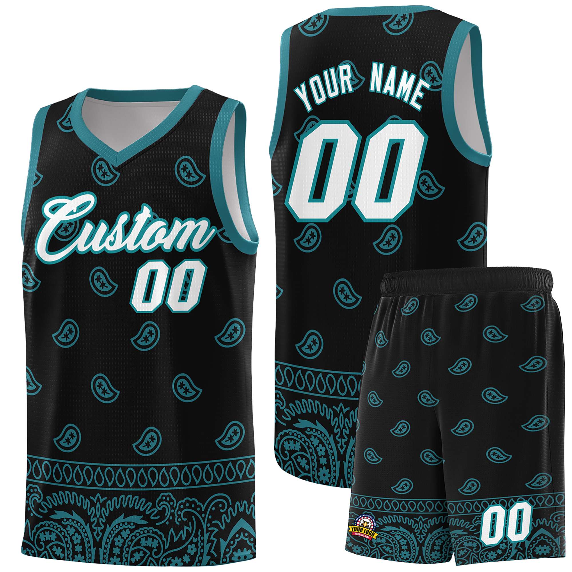 Custom Black Aqua Personalized Cashew Pattern Sports Uniform Basketball Jersey