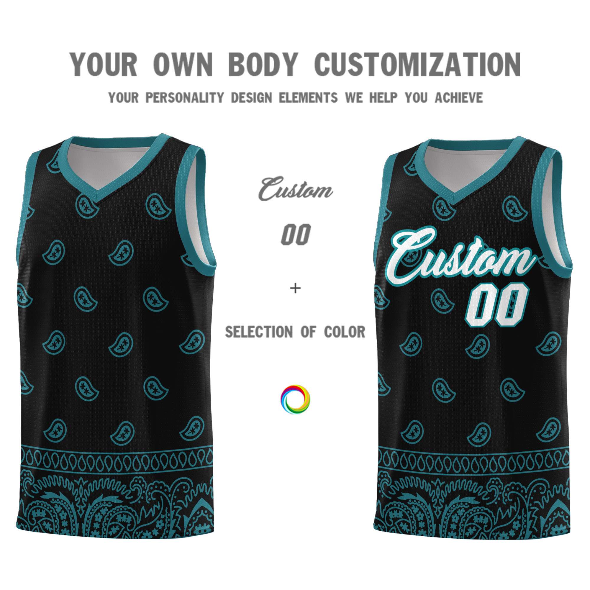 Custom Black Aqua Personalized Cashew Pattern Sports Uniform Basketball Jersey