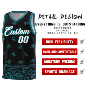 Custom Black Aqua Personalized Cashew Pattern Sports Uniform Basketball Jersey