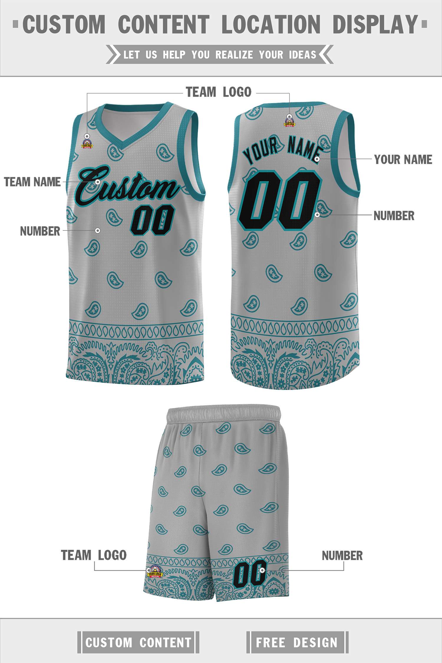 Custom Gray Aqua Personalized Cashew Pattern Sports Uniform Basketball Jersey