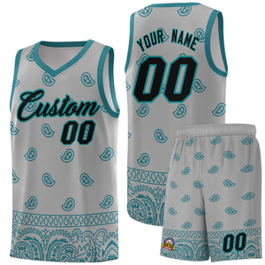 Custom Gray Aqua Personalized Cashew Pattern Sports Uniform Basketball Jersey