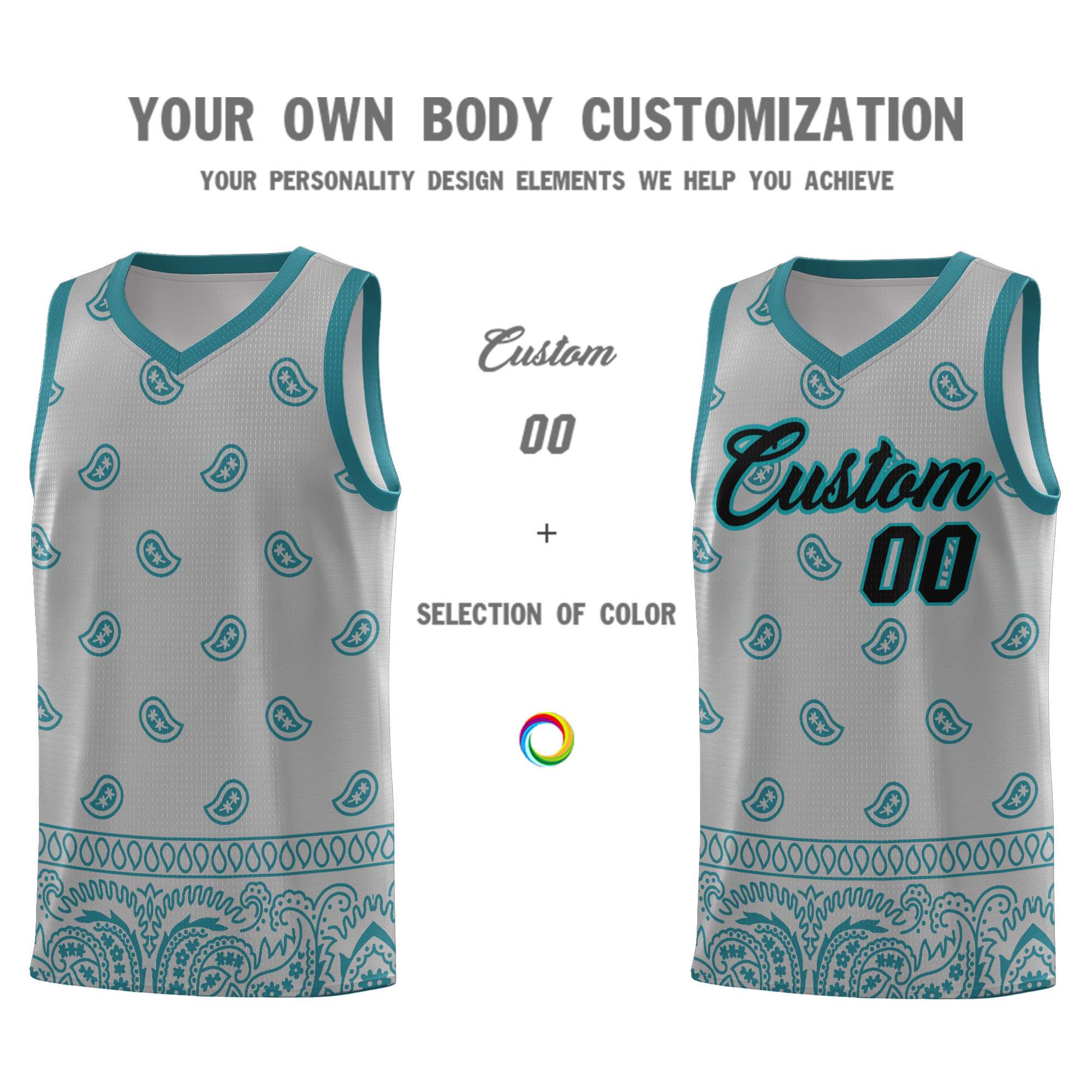 Custom Gray Aqua Personalized Cashew Pattern Sports Uniform Basketball Jersey