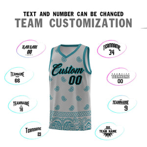 Custom Gray Aqua Personalized Cashew Pattern Sports Uniform Basketball Jersey