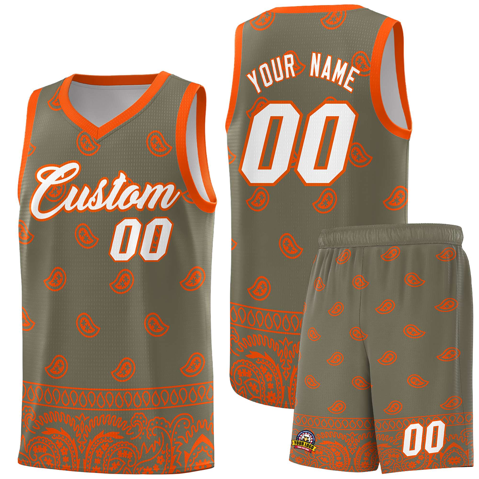 Custom Olive Orange Personalized Cashew Pattern Sports Uniform Basketball Jersey