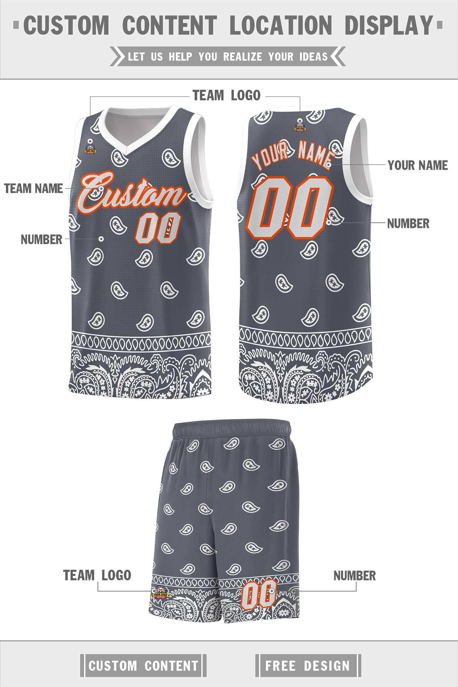 Custom Dark Gray White Personalized Cashew Pattern Sports Uniform Basketball Jersey