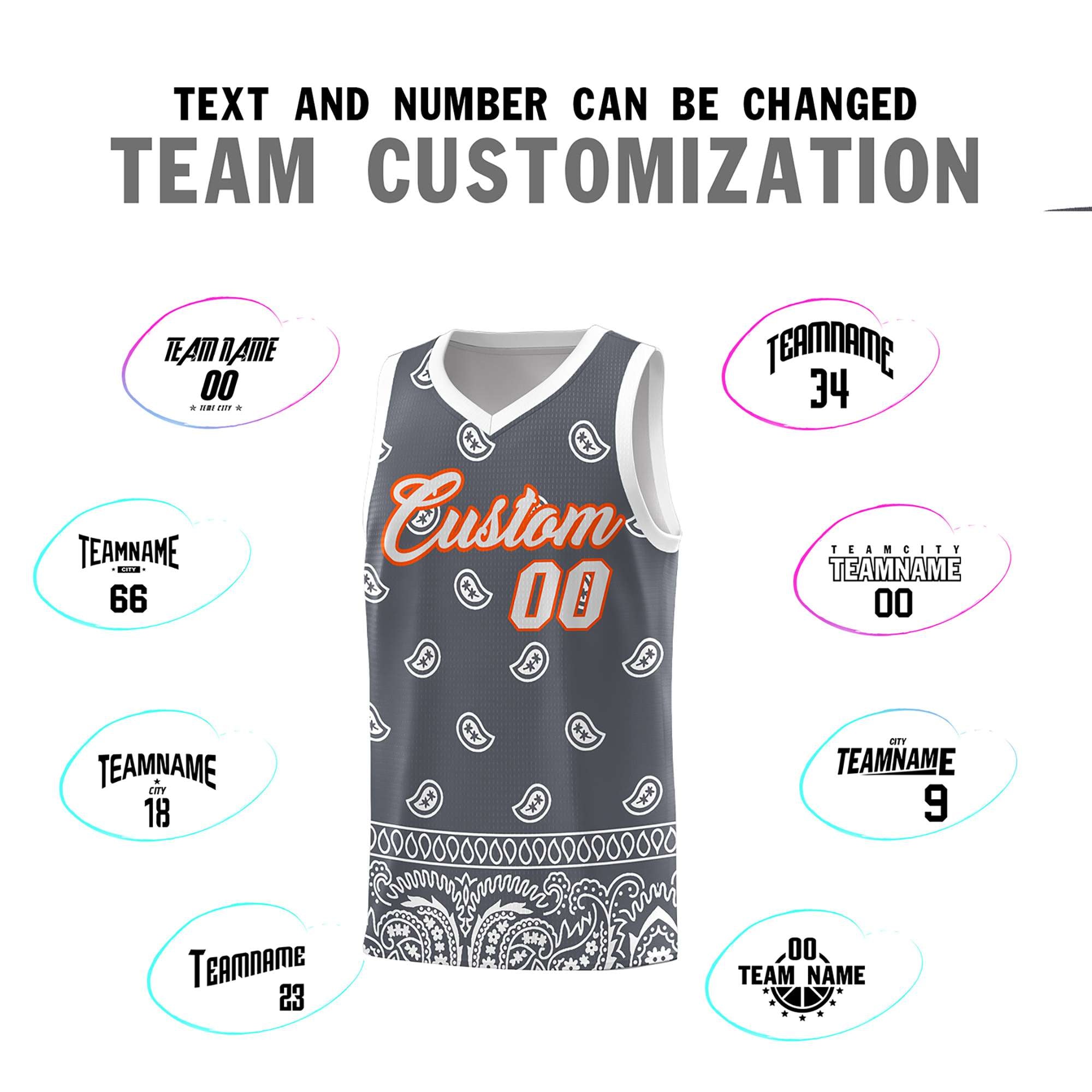 Custom Dark Gray White Personalized Cashew Pattern Sports Uniform Basketball Jersey