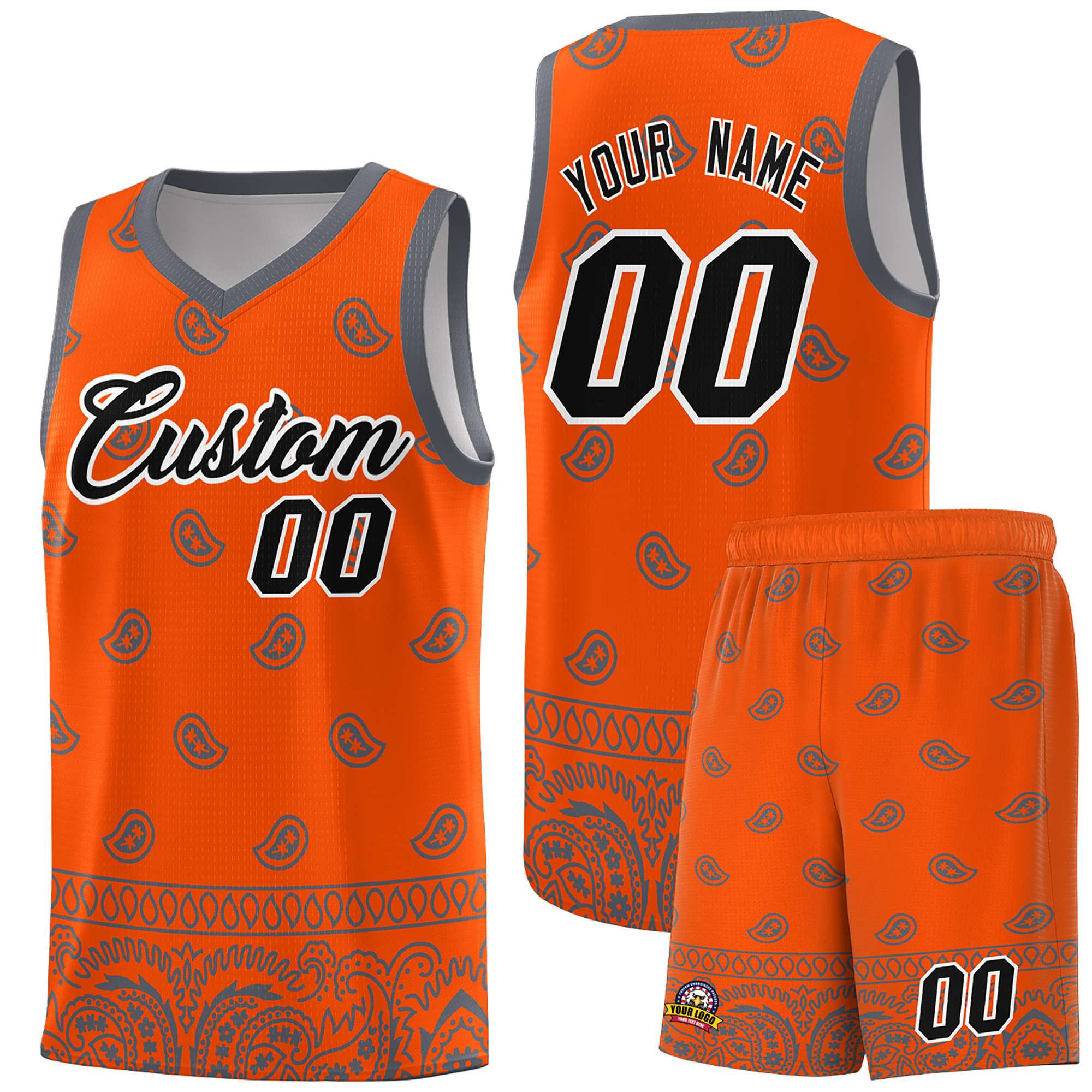 Custom Orange Dark Gray Personalized Cashew Pattern Sports Uniform Basketball Jersey