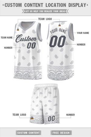 Custom White Gray Personalized Cashew Pattern Sports Uniform Basketball Jersey