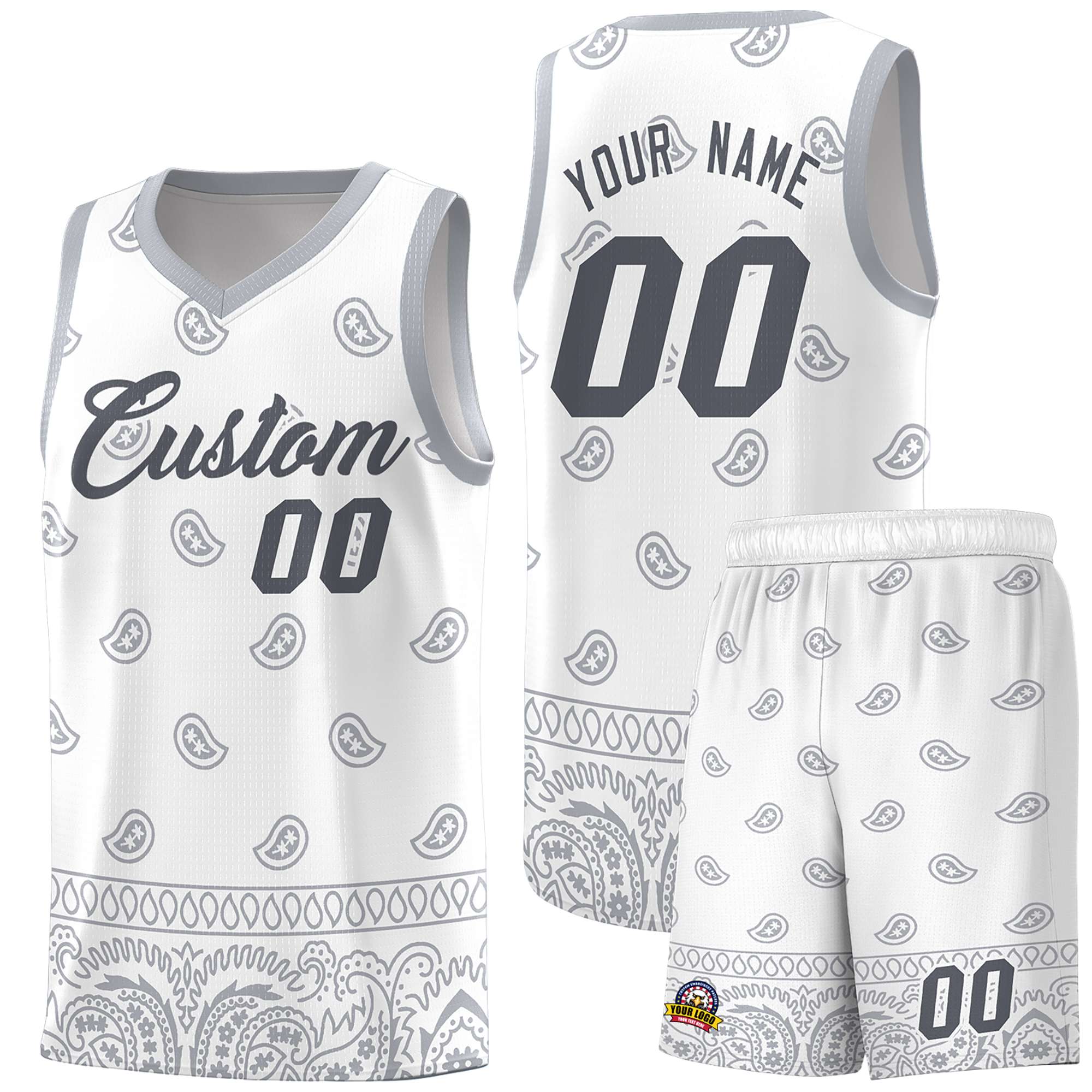 Custom White Gray Personalized Cashew Pattern Sports Uniform Basketball Jersey