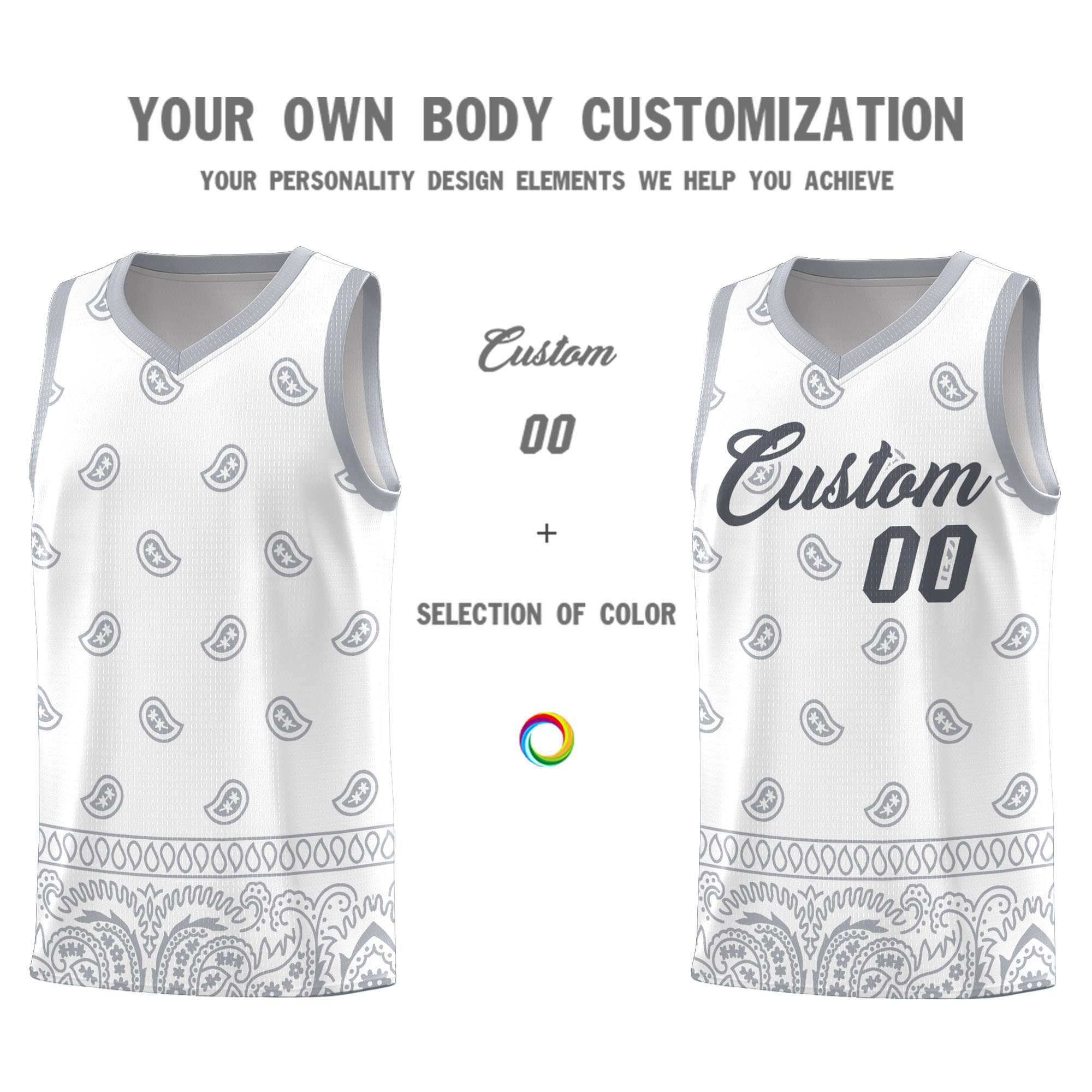 Custom White Gray Personalized Cashew Pattern Sports Uniform Basketball Jersey