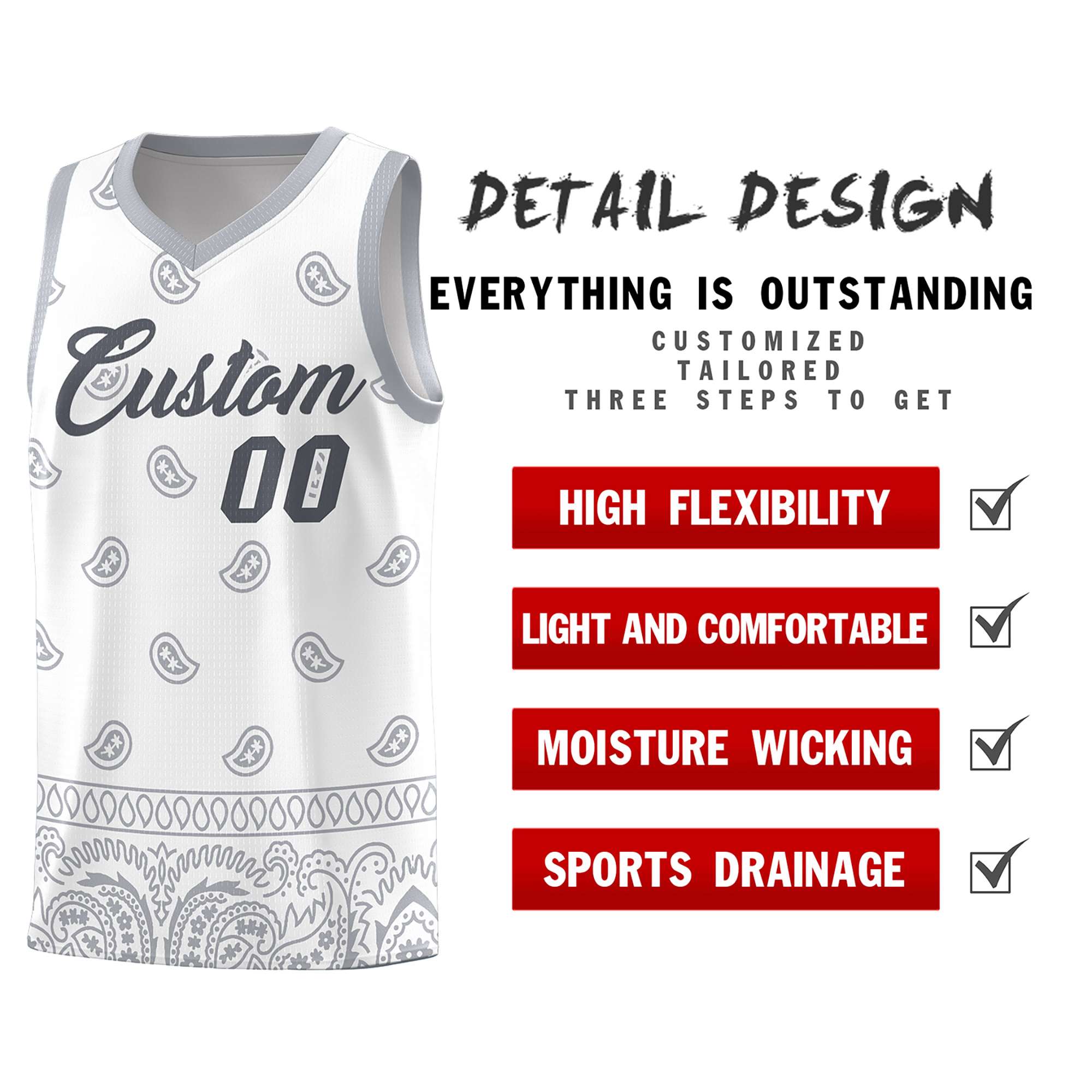 Custom White Gray Personalized Cashew Pattern Sports Uniform Basketball Jersey