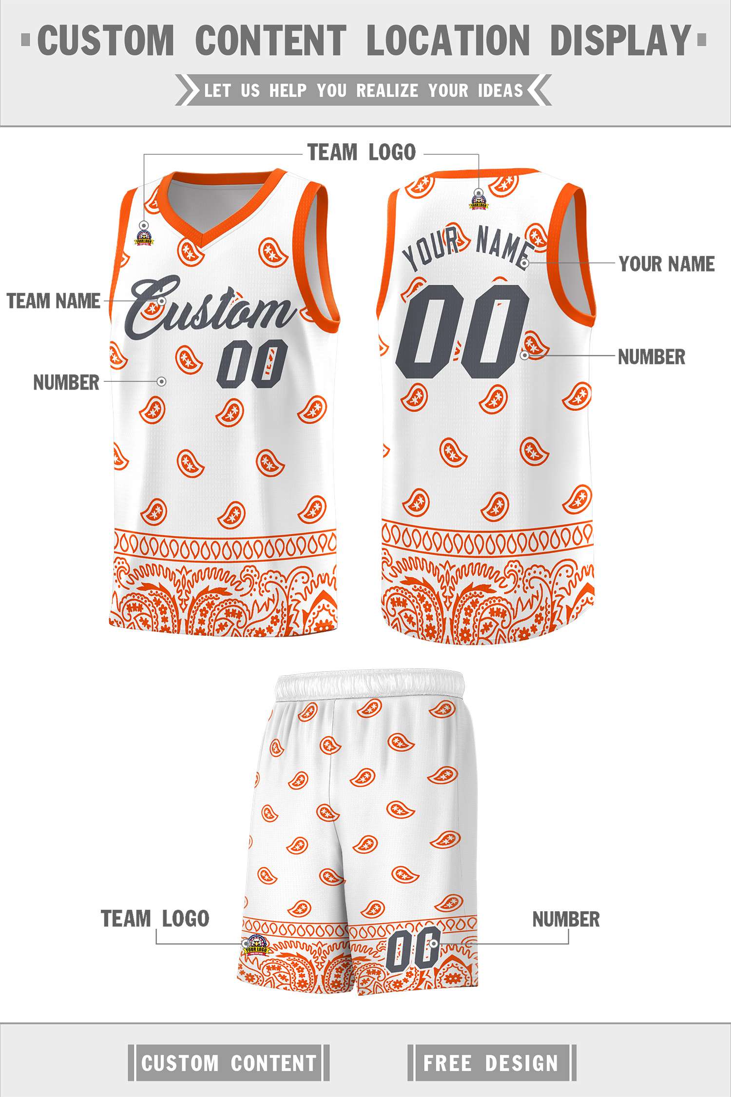 Custom White Orange Personalized Cashew Pattern Sports Uniform Basketball Jersey