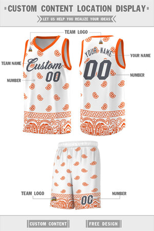 Custom White Orange Personalized Cashew Pattern Sports Uniform Basketball Jersey