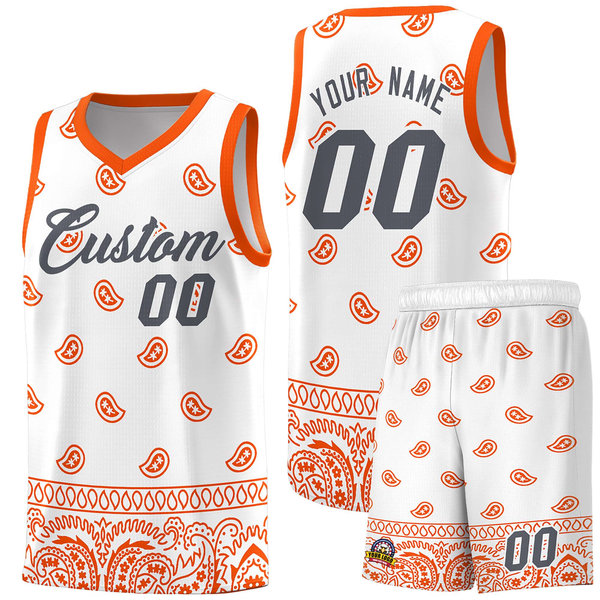 Custom White Orange Personalized Cashew Pattern Sports Uniform Basketball Jersey