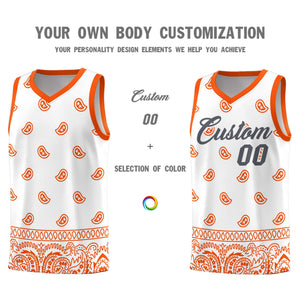 Custom White Orange Personalized Cashew Pattern Sports Uniform Basketball Jersey