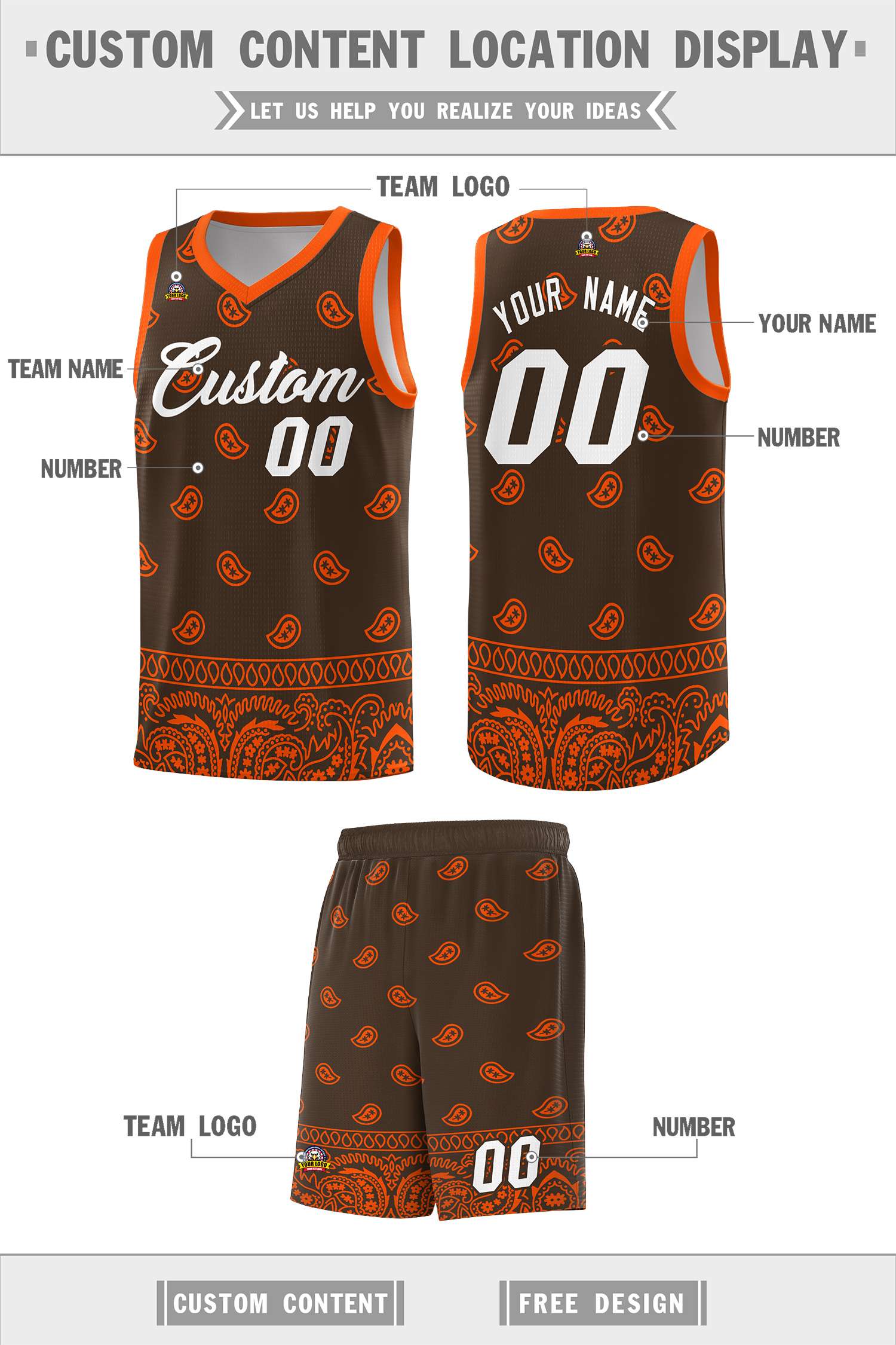 Custom Brown Orange Personalized Cashew Pattern Sports Uniform Basketball Jersey