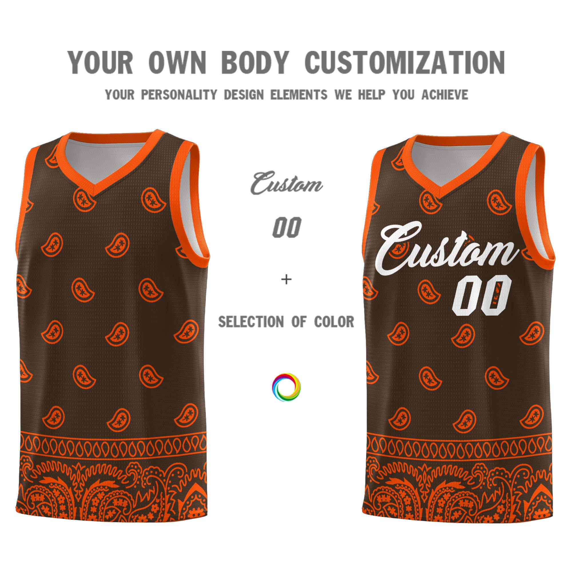 Custom Brown Orange Personalized Cashew Pattern Sports Uniform Basketball Jersey