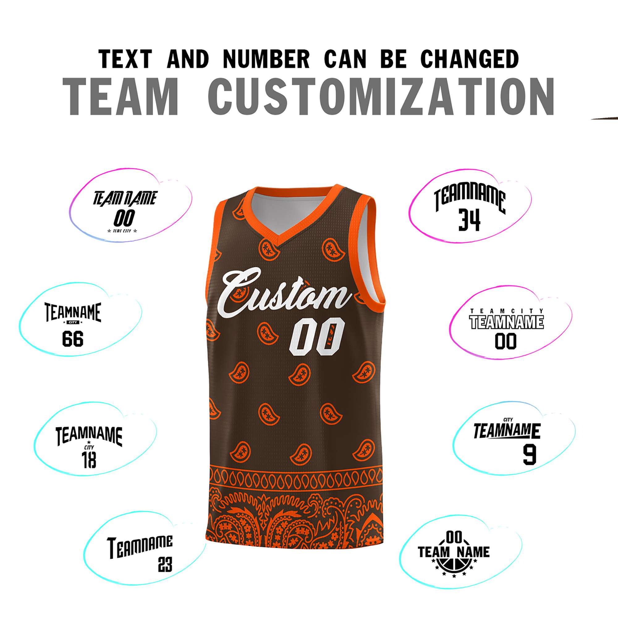 Custom Brown Orange Personalized Cashew Pattern Sports Uniform Basketball Jersey