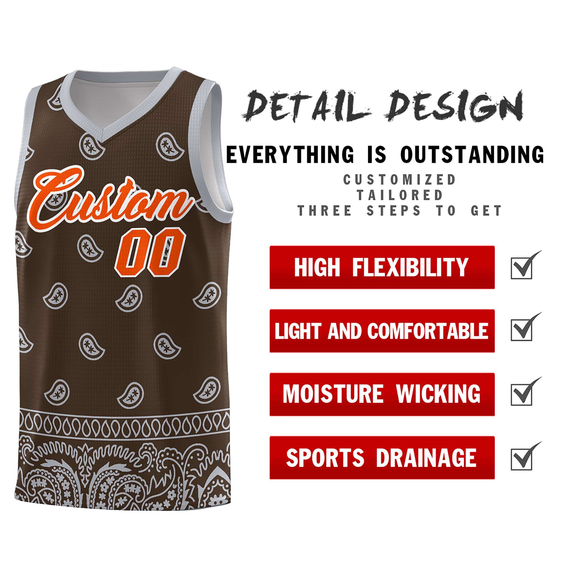 Custom Brown Gray Personalized Cashew Pattern Sports Uniform Basketball Jersey