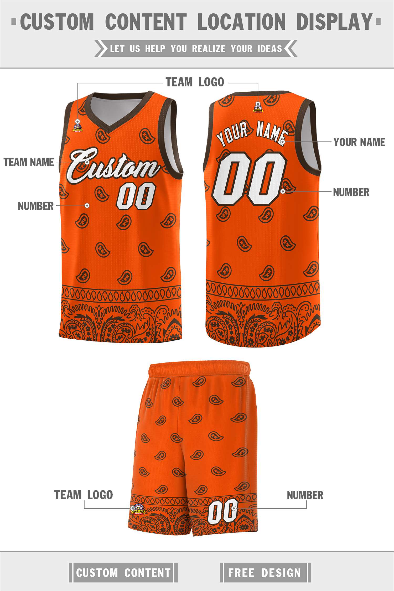 Custom Orange Brown Personalized Cashew Pattern Sports Uniform Basketball Jersey